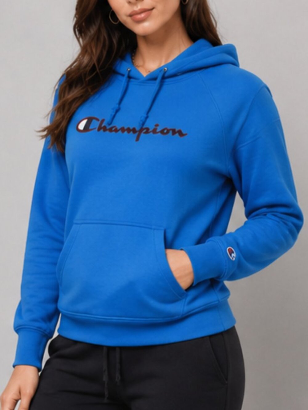 Champion Women's Hoodie Blue Script Logo Pullover Sweatshirt Size M Long Sleeve